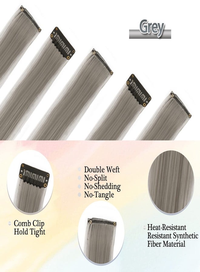 بارسدار وصلات شعر رمادية من بارسدار - 22 بوصة، 12 قطعة، وصلات شعر ملونة، وصلات شعر صناعية مستقيمة بمشابك للنساء، مناسبة لأزياء الهالوين والكريسماس - رمادي فضي - Image 3